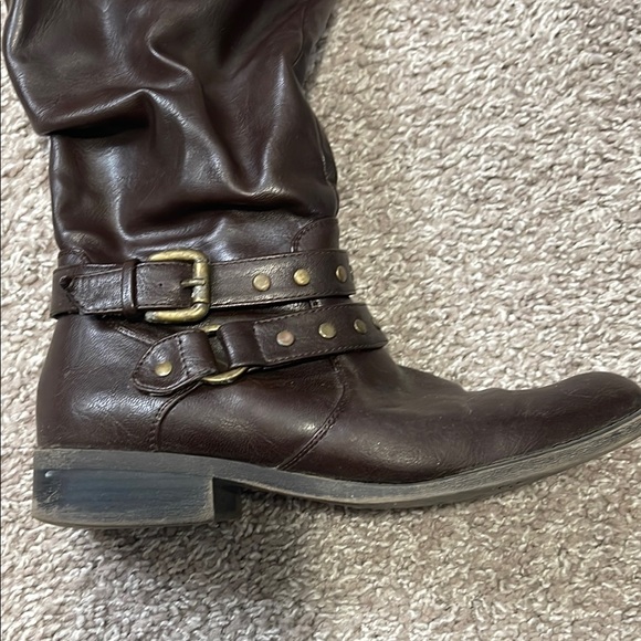 Brown Combat Moto Boots with Distressed Leather and Buckle Straps - Picture 2 of 14